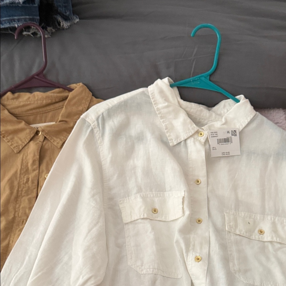 White Button-Front Linen Shirt with Chest Pockets American eagle